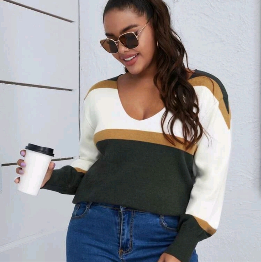 V neck color block sweater